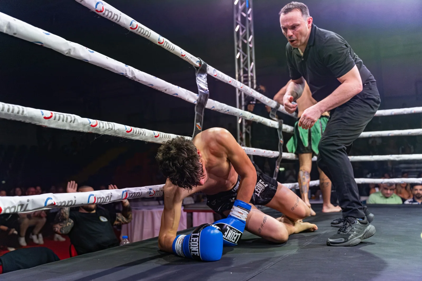 Referee steps in over a downed fighter